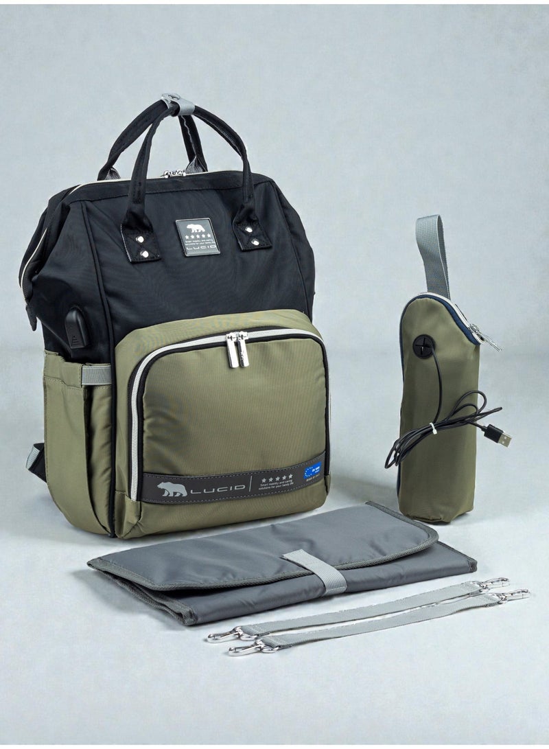 Lucid's latest edition waterproof maternity bag with changing mat and thermal bottle holder with heating element - Olive & black - Image 1